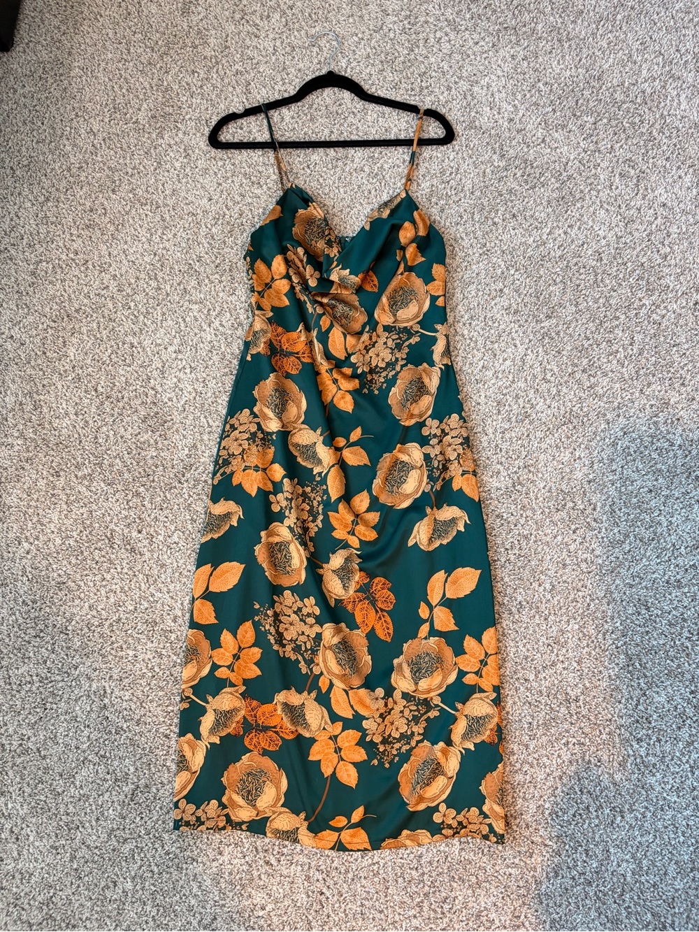 Lulu's Icon Green Floral Satin Cowl Neck Slip Midi Dress